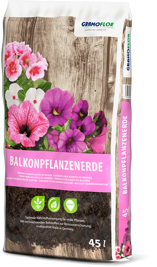 Blumenerde fuer Balkon, Verpackung Gramoflor Balkonpflanzenerde